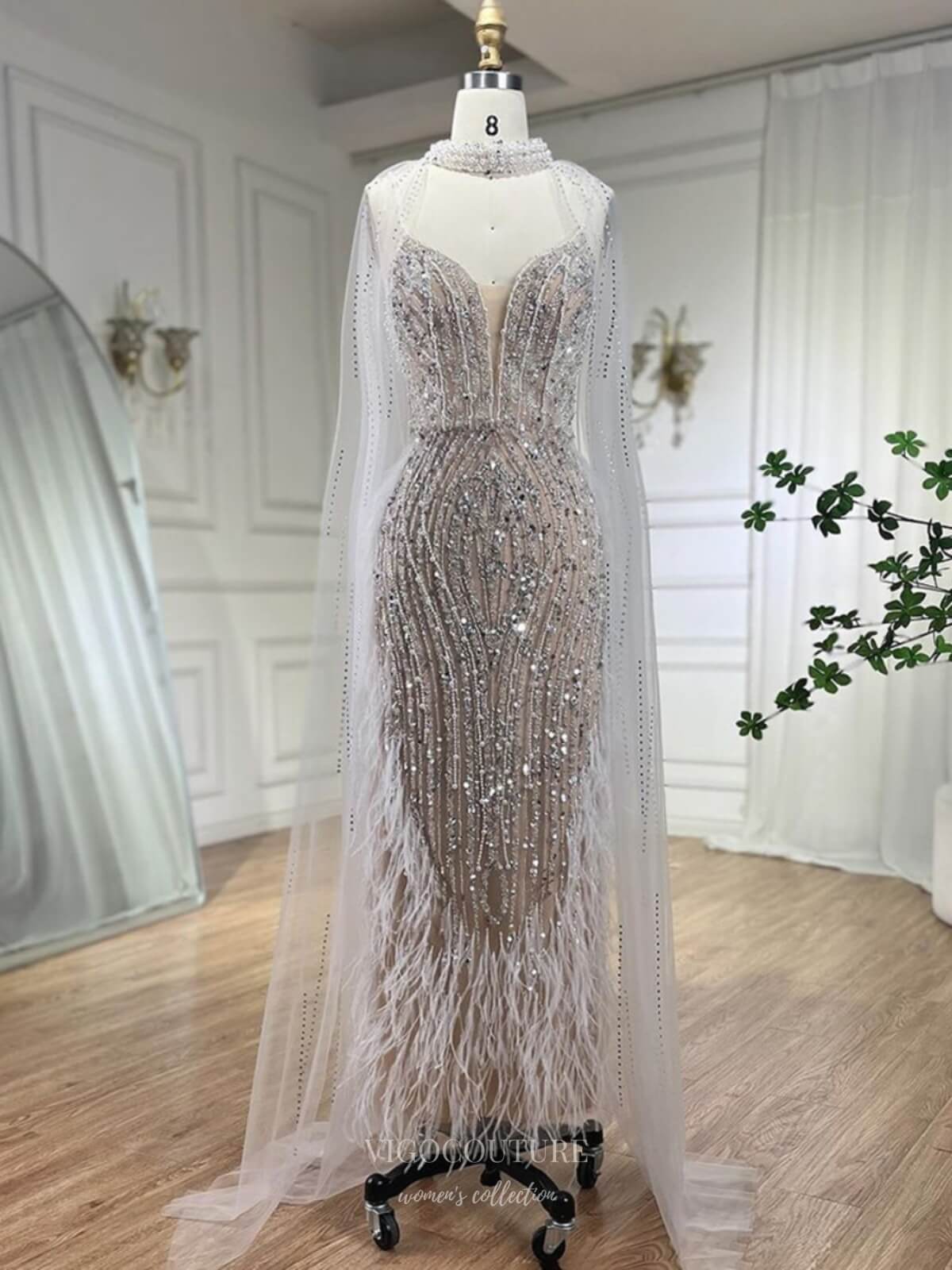 Beaded Feather Mermaid Pageant Dresses Removable Cape Sleeve Mother of the Bride Dress 25025 Khaki / US12 Beaded Feather Mermaid Pageant Dresses Removable Cape Sleeve Mother of the Bride Dress 25025 Khaki / US12