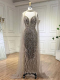 Prom Dress 2025 Beaded Feather Mermaid Pageant Dresses Removable Cape Sleeve Mother of the Bride Dress 25025-unique elegant Prom Dresses-Khaki-US2-vigocouture