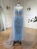 Prom Dress 2025 Beaded Feather Mermaid Pageant Dresses Removable Cape Sleeve Mother of the Bride Dress 25025-unique elegant Prom Dresses-Light Blue-US2-vigocouture