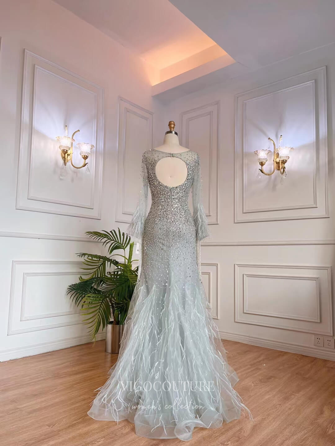 Beaded Feather Prom Dresses Long Sleeve 1920s Evening Dress 22140 Champagne / US4 Beaded Feather Prom Dresses Long Sleeve 1920s Evening Dress 22140 Champagne / US4