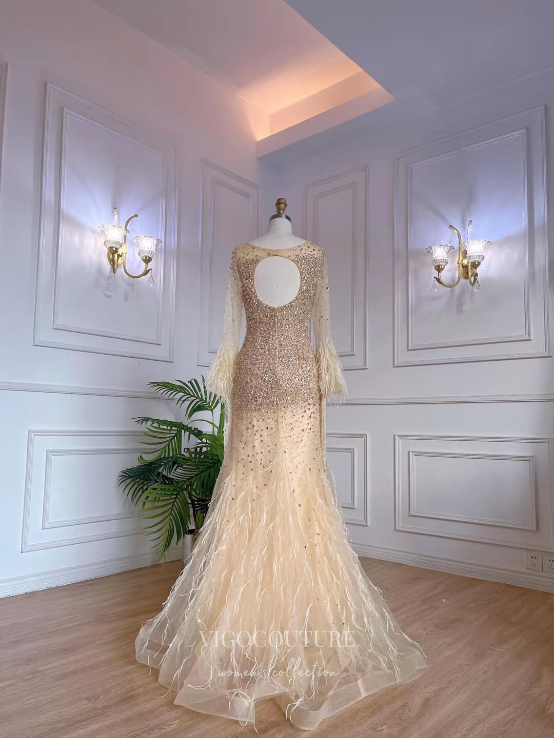Beaded Feather Prom Dresses Long Sleeve 1920s Evening Dress 22140 Champagne / US4 Beaded Feather Prom Dresses Long Sleeve 1920s Evening Dress 22140 Champagne / US4