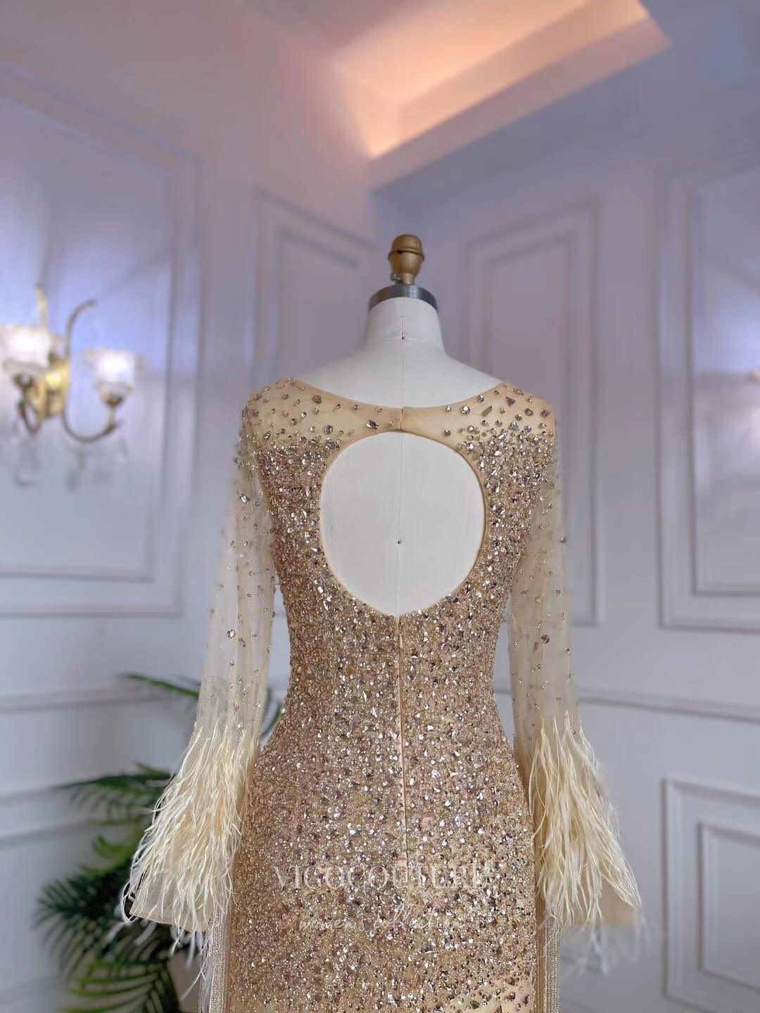 Beaded Feather Prom Dresses Long Sleeve 1920s Evening Dress 22140 Champagne / US4 Beaded Feather Prom Dresses Long Sleeve 1920s Evening Dress 22140 Champagne / US4