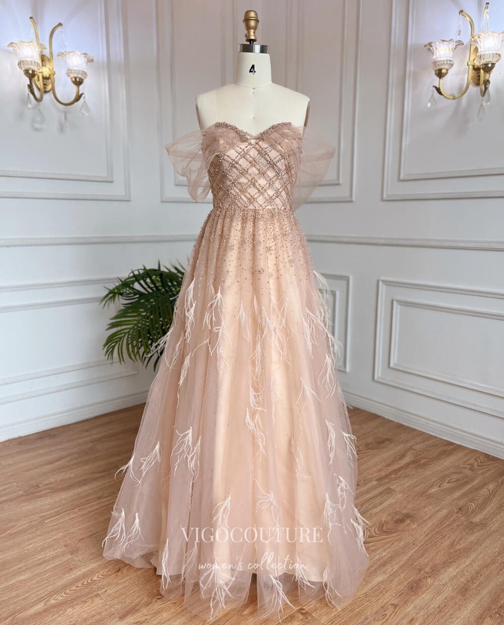 Beaded Feather Prom Dresses Off the Shoulder Evening Dress 22101 –  vigocouture