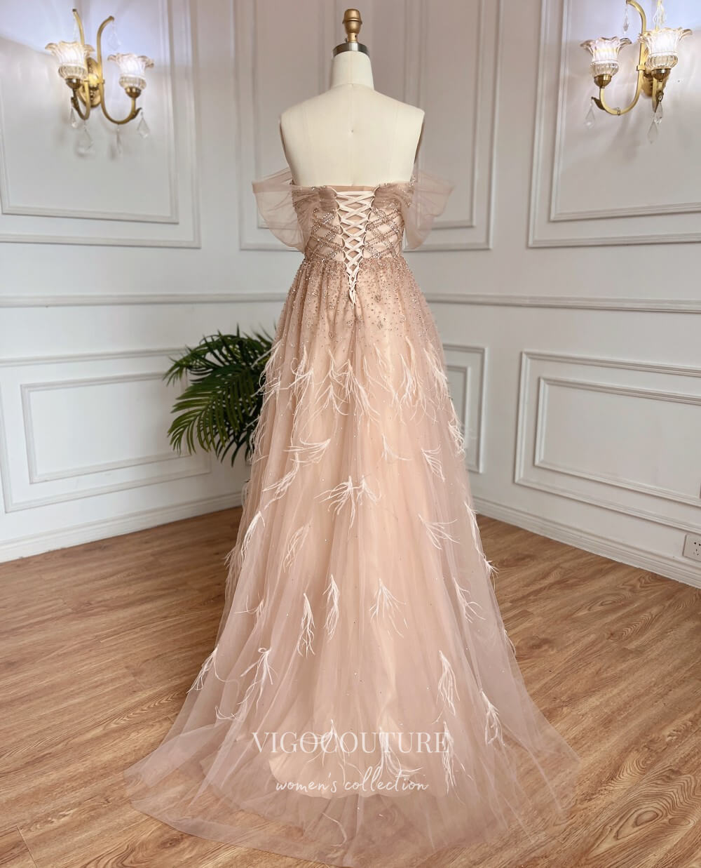 Prom Dress 2025 Beaded Feather Prom Dresses Off the Shoulder Evening Dress 22101-unique elegant Prom Dresses-Pink-US2-vigocouture