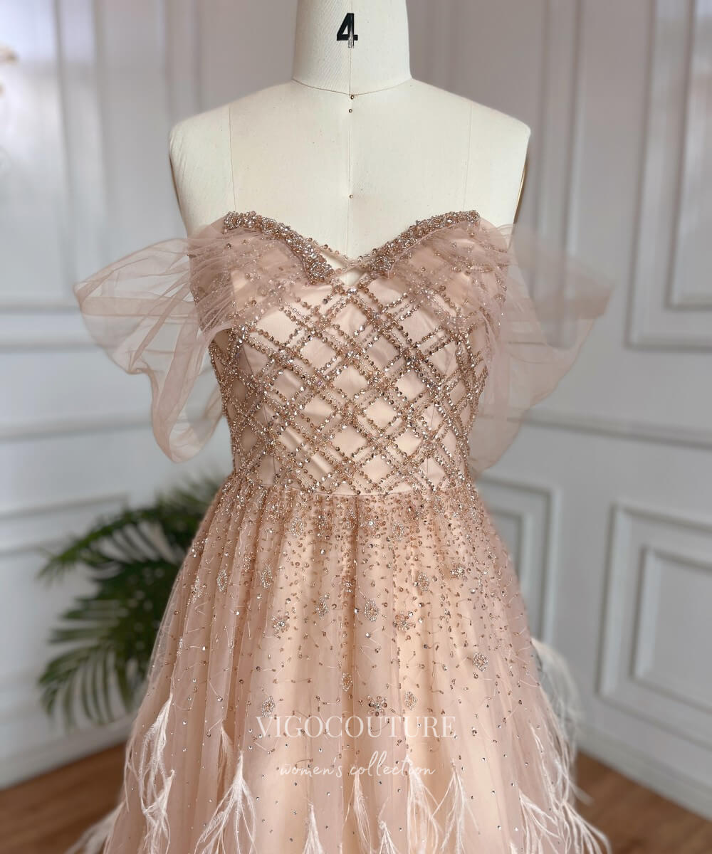 Prom Dress 2025 Beaded Feather Prom Dresses Off the Shoulder Evening Dress 22101-unique elegant Prom Dresses-Pink-US2-vigocouture