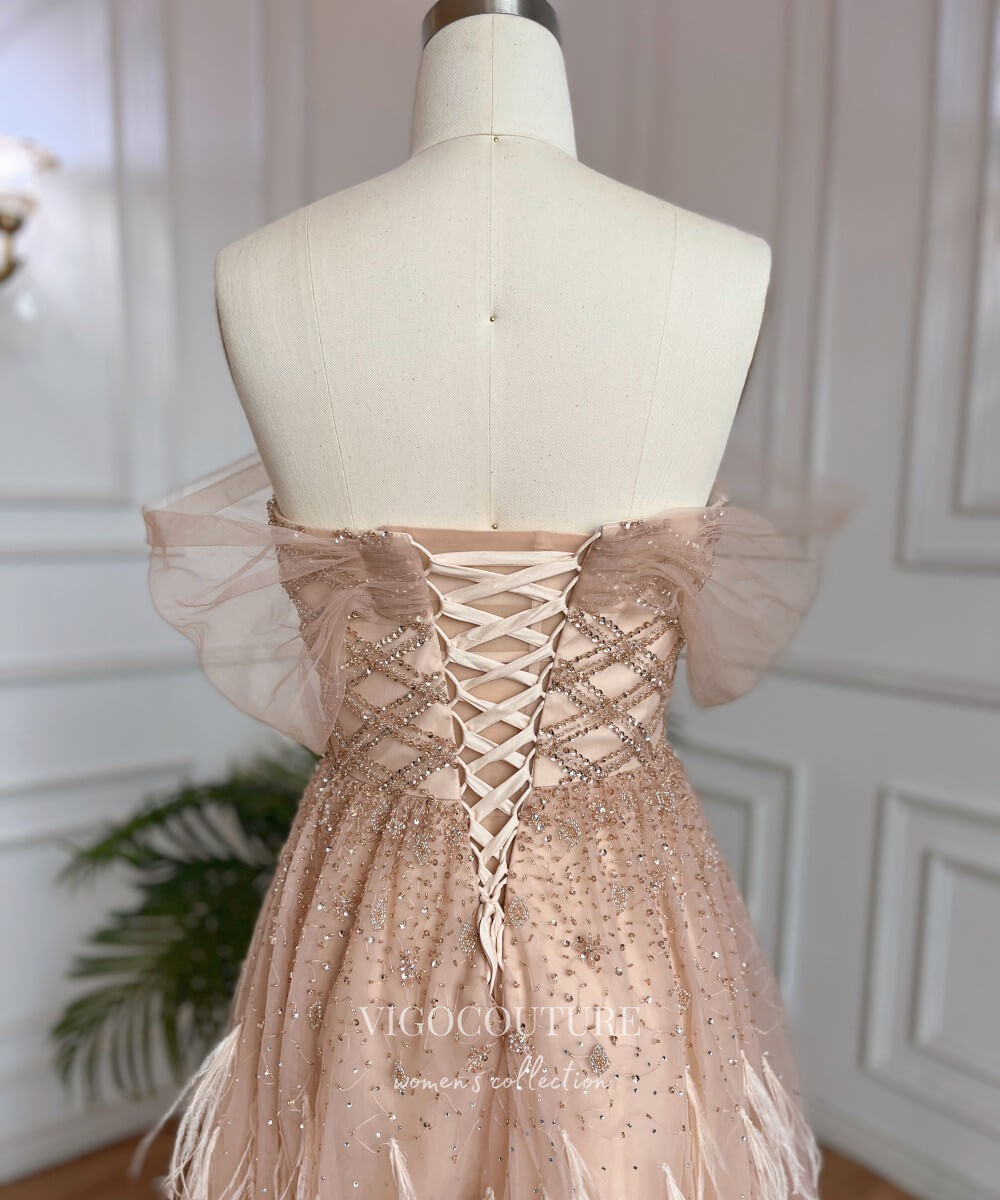 Prom Dress 2025 Beaded Feather Prom Dresses Off the Shoulder Evening Dress 22101-unique elegant Prom Dresses-Pink-US2-vigocouture