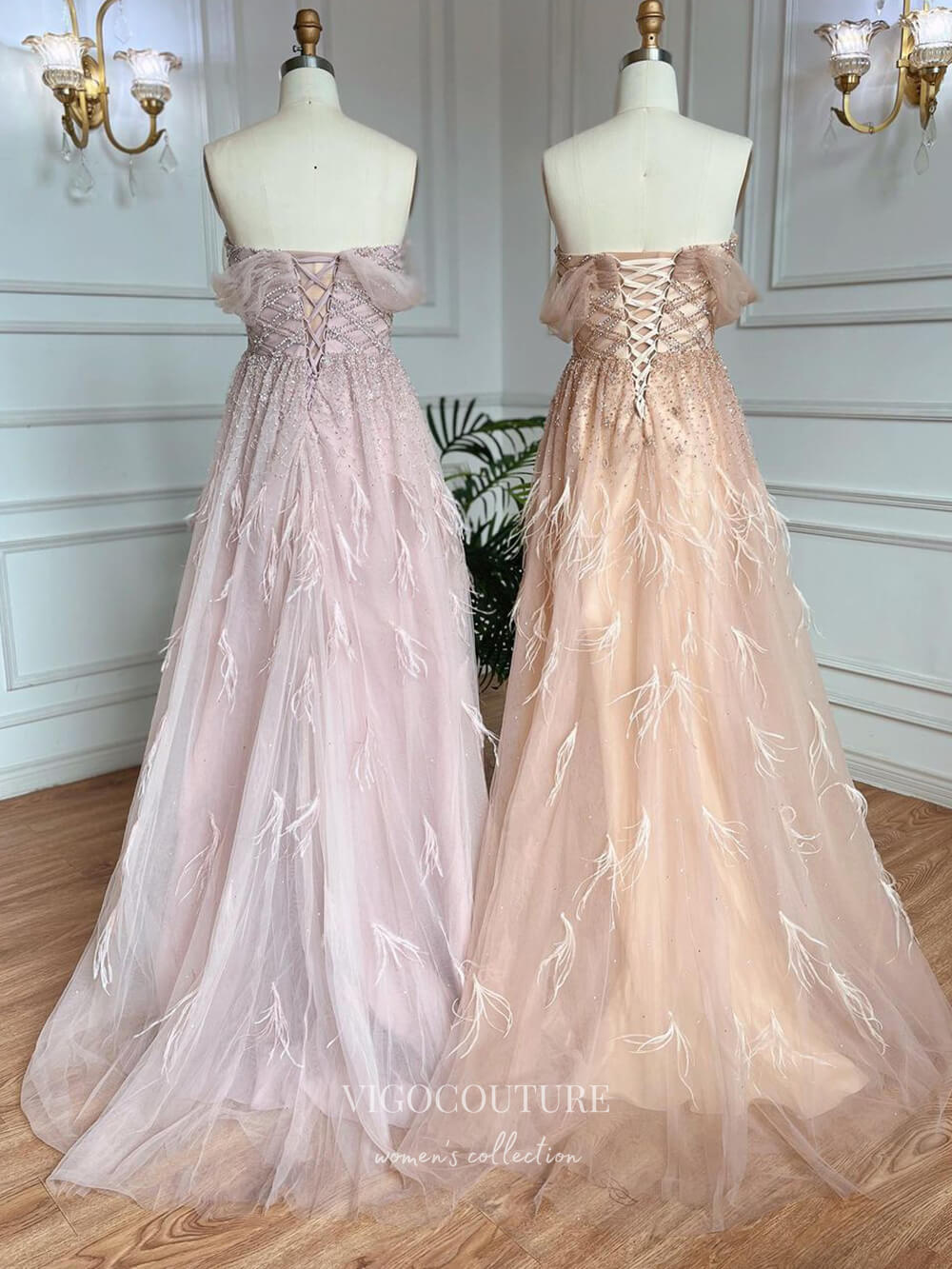 Prom Dress 2025 Beaded Feather Prom Dresses Off the Shoulder Evening Dress 22101-unique elegant Prom Dresses-Pink-US2-vigocouture