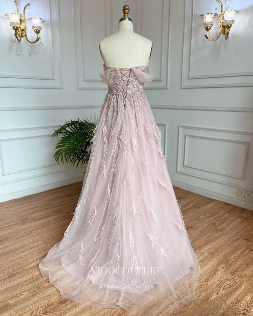 Prom Dress 2025 Beaded Feather Prom Dresses Off the Shoulder Evening Dress 22101-unique elegant Prom Dresses-Pink-US2-vigocouture