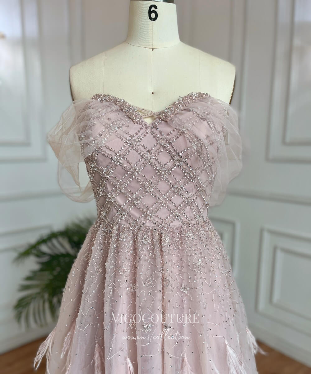 Prom Dress 2025 Beaded Feather Prom Dresses Off the Shoulder Evening Dress 22101-unique elegant Prom Dresses-Pink-US2-vigocouture