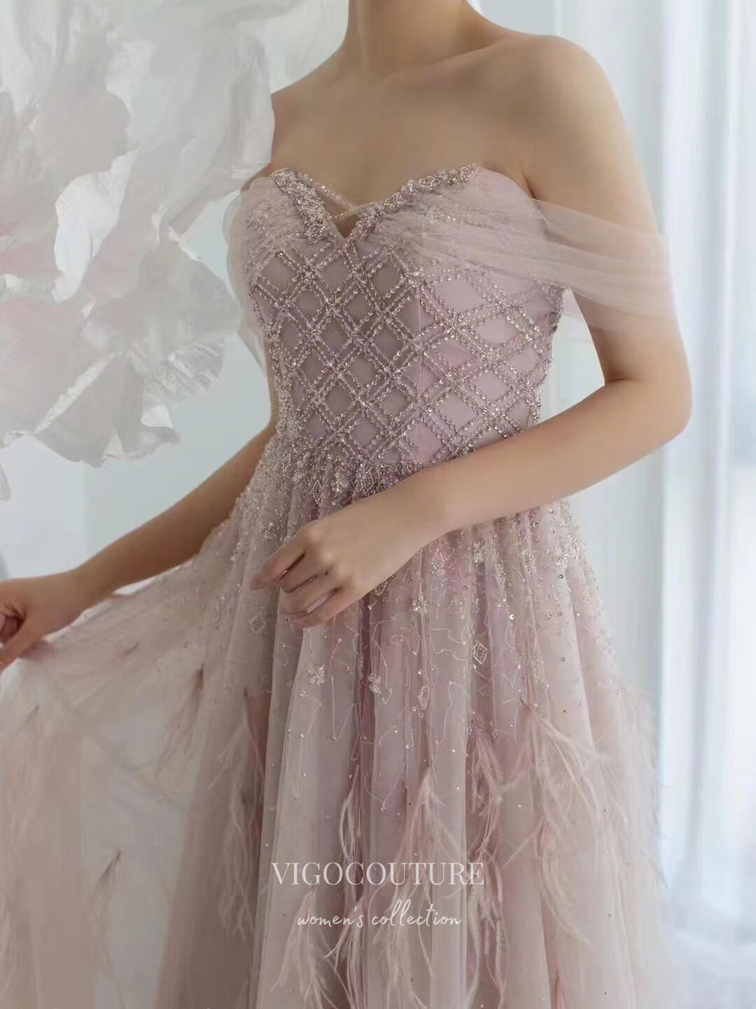 Prom Dress 2025 Beaded Feather Prom Dresses Off the Shoulder Evening Dress 22101-unique elegant Prom Dresses-Pink-US2-vigocouture