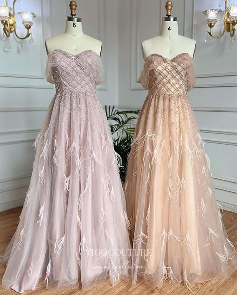 Prom Dress 2025 Beaded Feather Prom Dresses Off the Shoulder Evening Dress 22101-unique elegant Prom Dresses-Pink-US2-vigocouture