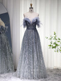 Prom Dress 2025 Beaded Feather Prom Dresses Off the Shoulder Evening Dress 22148-unique elegant Prom Dresses-Dusty Blue-US2-vigocouture