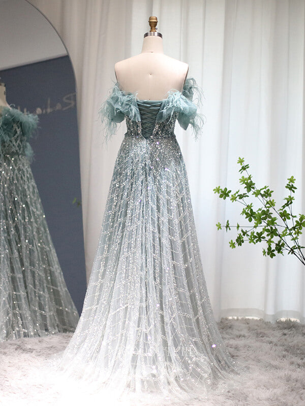 Prom Dress 2025 Beaded Feather Prom Dresses Off the Shoulder Evening Dress 22148-unique elegant Prom Dresses-Light Green-US2-vigocouture