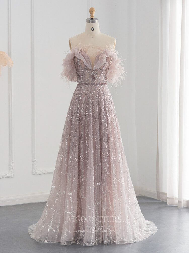 Prom Dress 2025 Beaded Feather Prom Dresses Off the Shoulder Evening Dress 22148-unique elegant Prom Dresses-Pink-US2-vigocouture