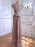 Prom Dress 2025 Beaded Feather Prom Dresses Sheath Formal Dresses 21311-unique elegant Prom Dresses-Pink-US2-vigocouture