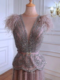 Prom Dress 2025 Beaded Feather Prom Dresses Sheath Formal Dresses 21311-unique elegant Prom Dresses-Pink-US2-vigocouture