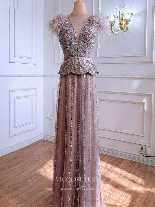 Prom Dress 2025 Beaded Feather Prom Dresses Sheath Formal Dresses 21311-unique elegant Prom Dresses-Pink-US2-vigocouture