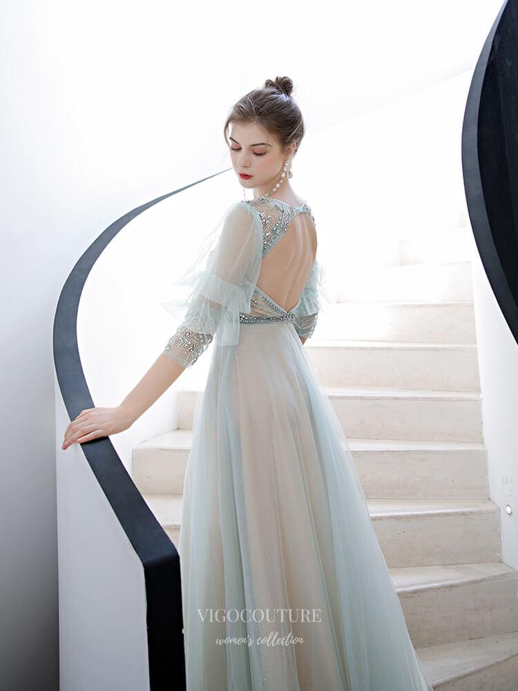 Prom Dress 2025 Beaded Half Sleeve Boat Neck Prom Dress 20246-unique elegant Prom Dresses-Champagne-US2-vigocouture