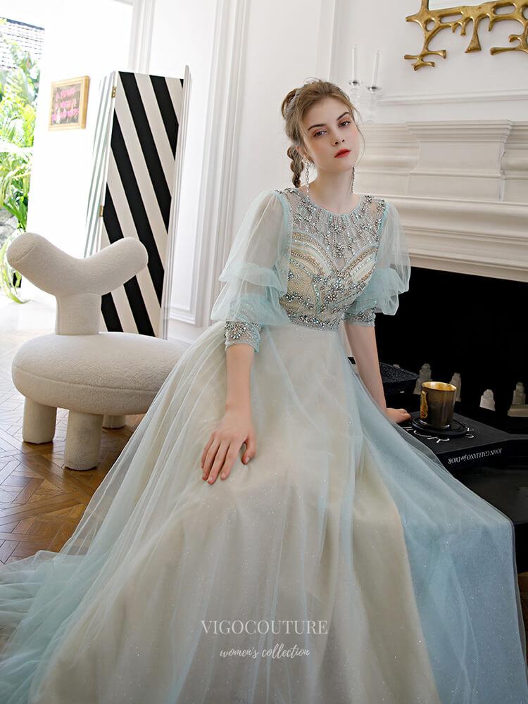 Prom Dress 2025 Beaded Half Sleeve Boat Neck Prom Dress 20246-unique elegant Prom Dresses-Champagne-US2-vigocouture