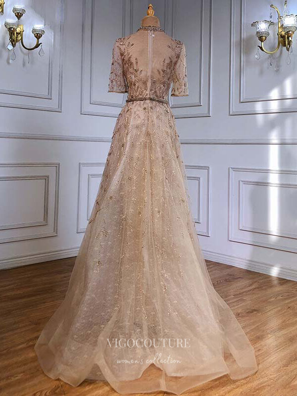 Prom Dress 2025 Beaded Half Sleeve Prom Dresses Round Neck Formal Dresses 21225-unique elegant Prom Dresses-Champagne-US2-vigocouture