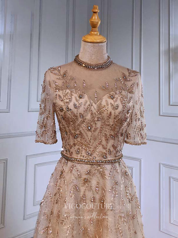 Beaded Half Sleeve Prom Dresses Round Neck Formal Dresses 21225 - Champagne / Custom Size Beaded Half Sleeve Prom Dresses Round Neck Formal Dresses 21225 - Champagne / Custom Size
