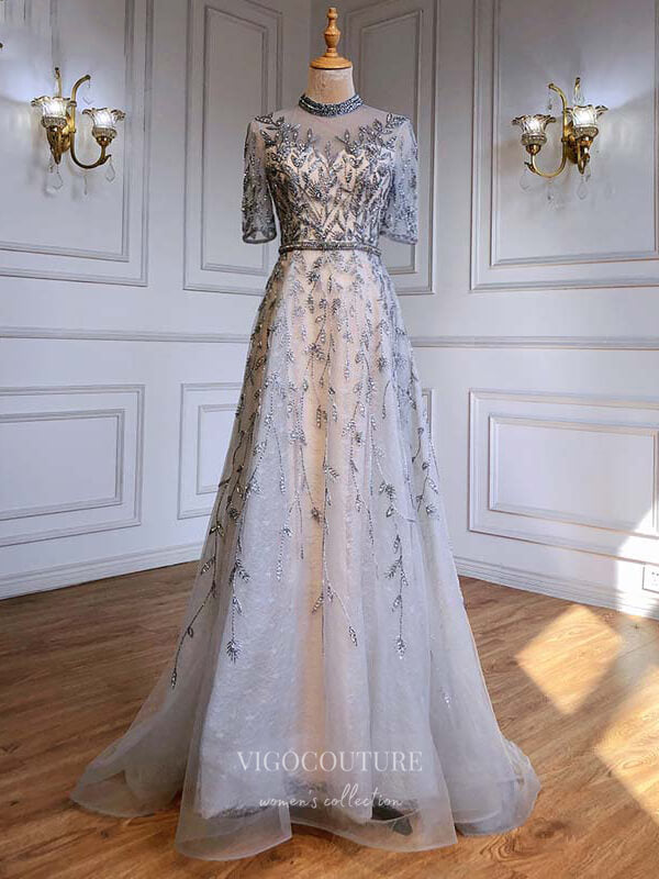 Prom Dress 2025 Beaded Half Sleeve Prom Dresses Round Neck Formal Dresses 21225-unique elegant Prom Dresses-Silver-US2-vigocouture