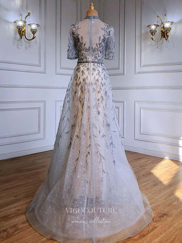 Prom Dress 2025 Beaded Half Sleeve Prom Dresses Round Neck Formal Dresses 21225-unique elegant Prom Dresses-Champagne-US2-vigocouture