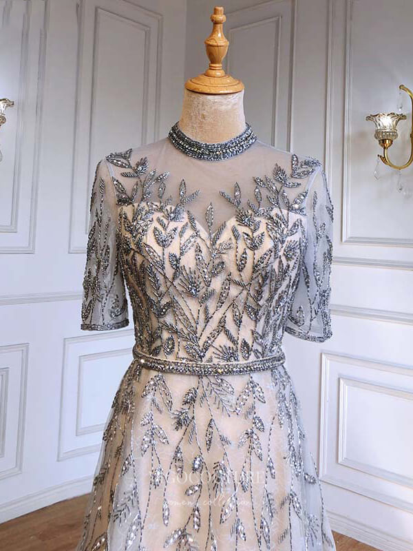 Beaded Half Sleeve Prom Dresses Round Neck Formal Dresses 21225 - Champagne / Custom Size Beaded Half Sleeve Prom Dresses Round Neck Formal Dresses 21225 - Champagne / Custom Size