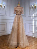 Prom Dress 2025 Beaded Half Sleeve Prom Dresses Round Neck Formal Dresses 21225-unique elegant Prom Dresses-Champagne-US2-vigocouture