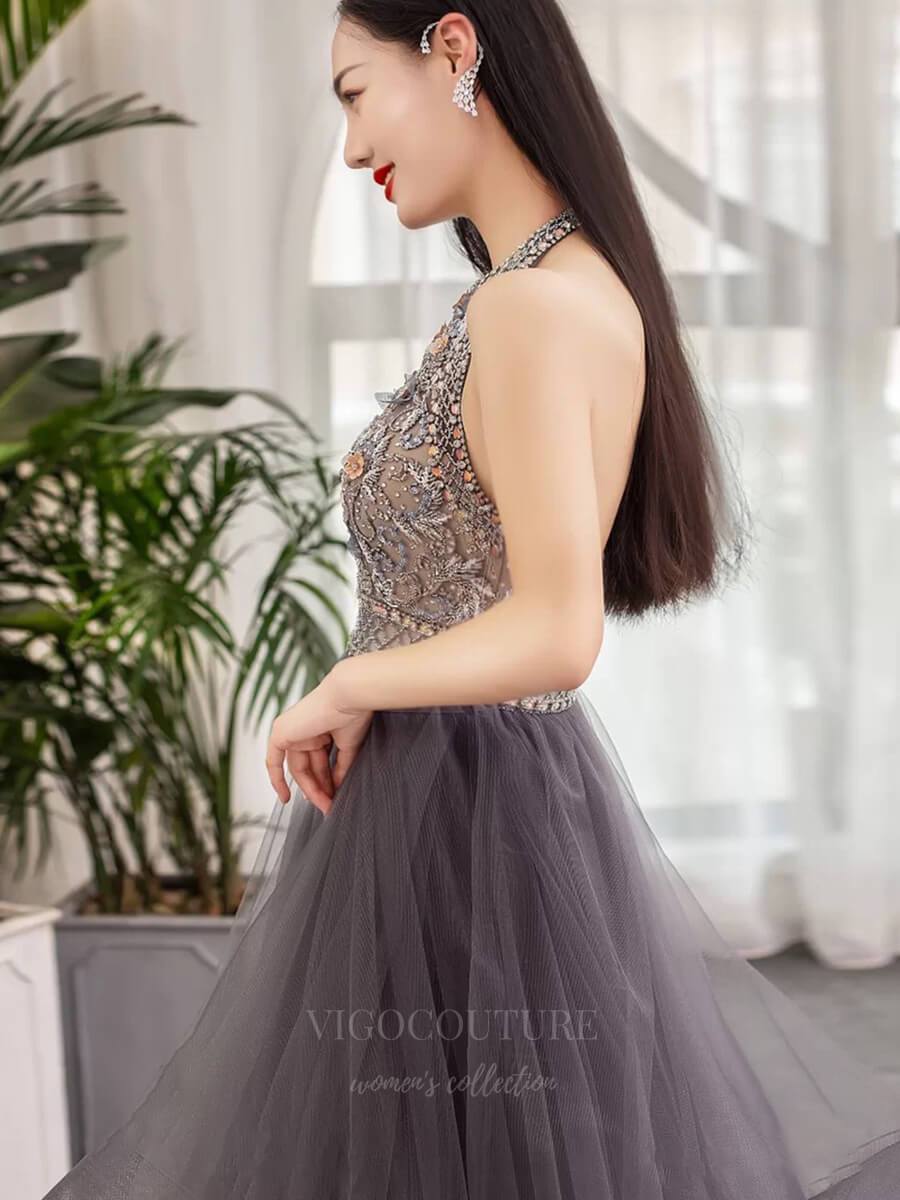 Prom Dress 2025 Beaded Halter Neck Prom Dress 20635-unique elegant Prom Dresses-Grey-US2-vigocouture