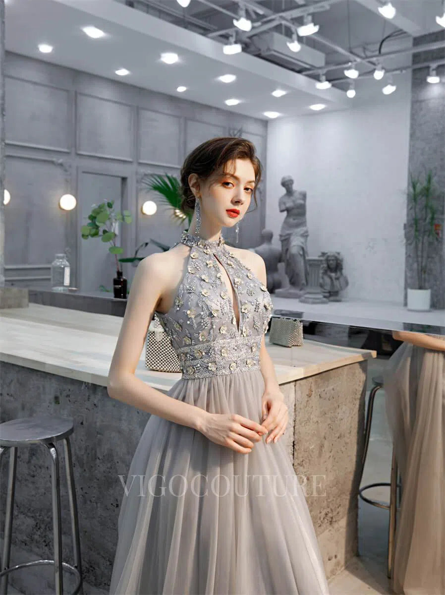 Beaded Halter Neck Prom Gown A-line Prom Dresses 20180 - Grey / US10 Beaded Halter Neck Prom Gown A-line Prom Dresses 20180 - Grey / US10