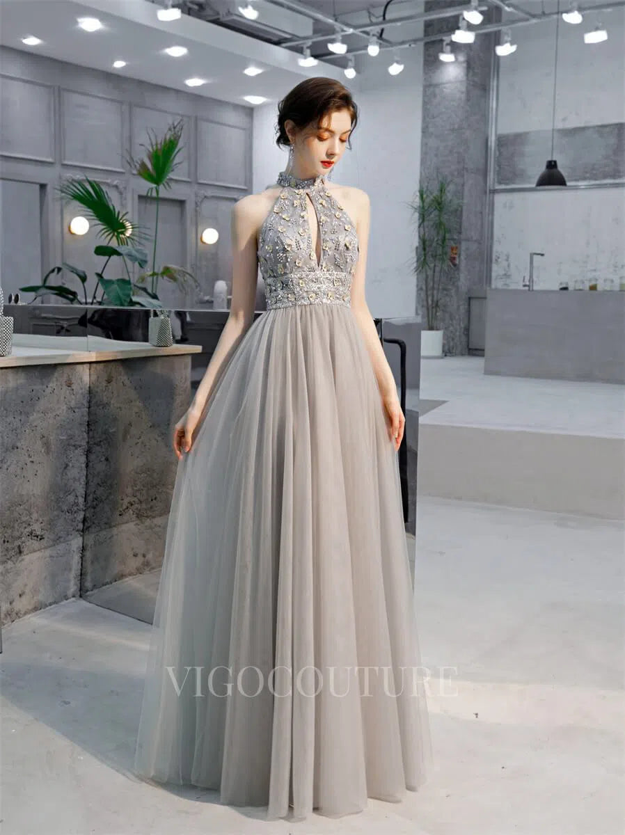 Prom Dress 2025 Beaded Halter Neck Prom Gown A-line Prom Dresses 20180-unique elegant Prom Dresses-Grey-US2-vigocouture