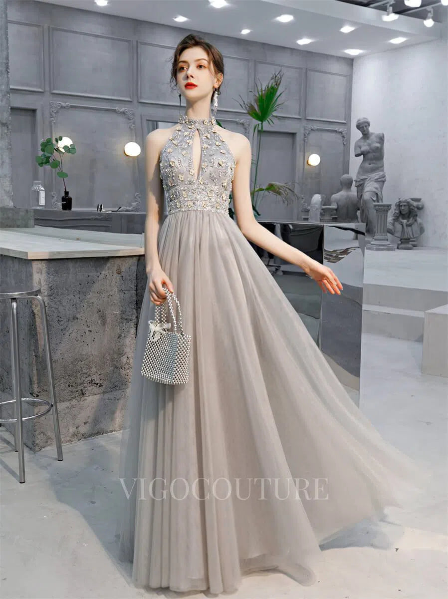 Prom Dress 2025 Beaded Halter Neck Prom Gown A-line Prom Dresses 20180-unique elegant Prom Dresses-Grey-US2-vigocouture