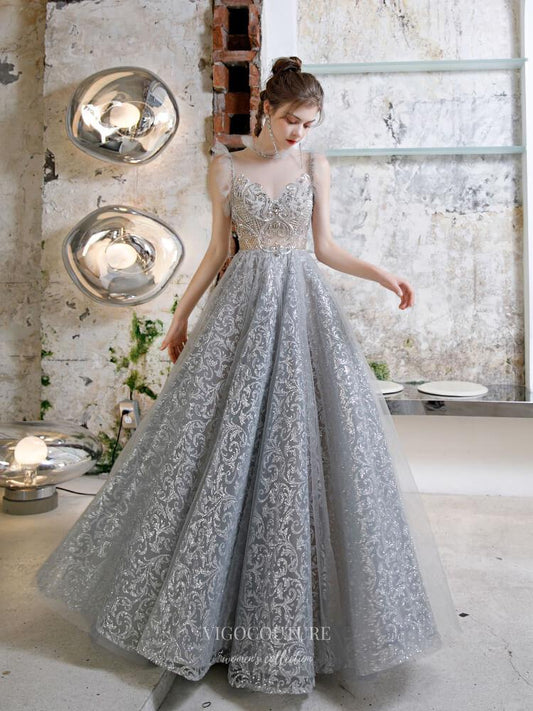 Prom Dress 2025 Beaded High Neck Prom Dress 20231-unique elegant Prom Dresses-Silver-US2-vigocouture