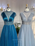 Prom Dress 2025 Beaded High Neck Prom Dresses Cap Sleeve Mother of the Bride Dresses 22106-unique elegant Prom Dresses-Blue-US2-vigocouture