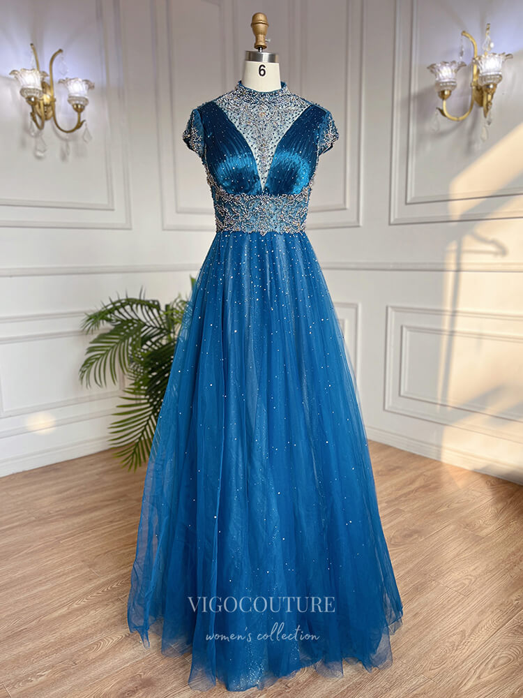 Beaded High Neck Prom Dresses Cap Sleeve Mother of the Bride Dresses 22106 Blue / US8 Beaded High Neck Prom Dresses Cap Sleeve Mother of the Bride Dresses 22106 Blue / US8