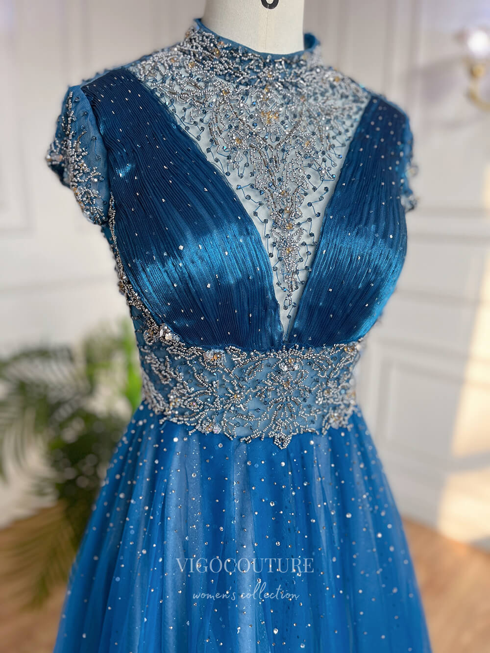 Beaded High Neck Prom Dresses Cap Sleeve Mother of the Bride Dresses 2 – vigocouture
