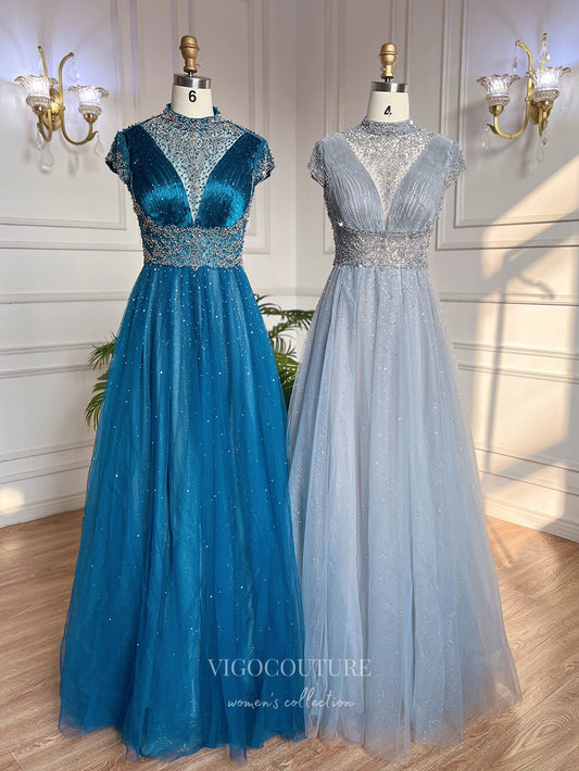 Prom Dress 2025 Beaded High Neck Prom Dresses Cap Sleeve Mother of the Bride Dresses 22106-unique elegant Prom Dresses-Blue-US2-vigocouture