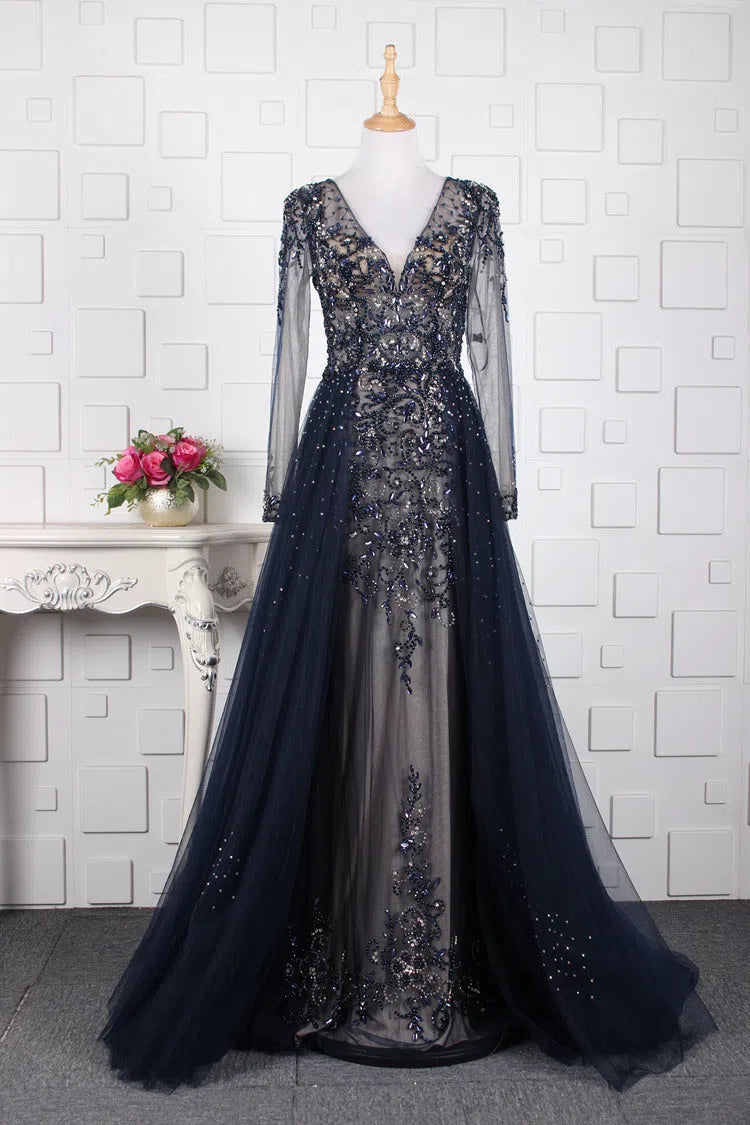 Prom Dress 2025 Beaded Lace Applique Long Sleeve Prom Dress 20291-unique elegant Prom Dresses-Blue-US2-vigocouture