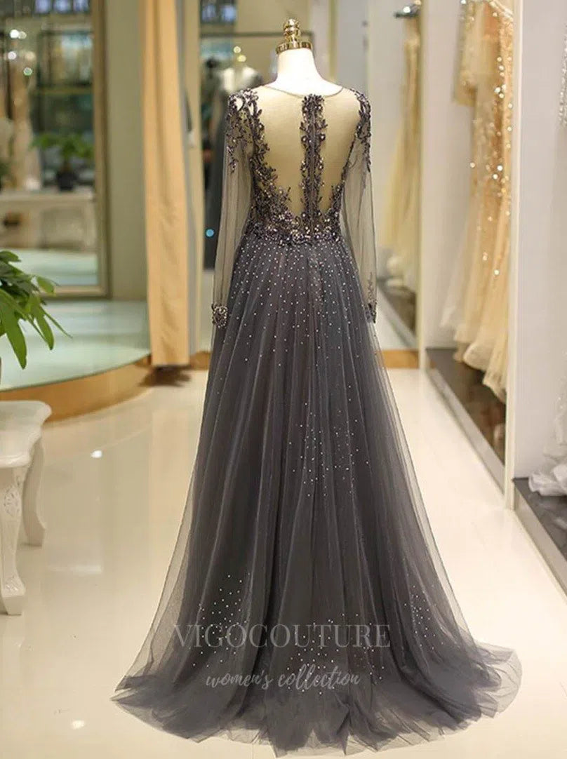 Prom Dress 2025 Beaded Lace Applique Long Sleeve Prom Dress 20291-unique elegant Prom Dresses-Grey-US2-vigocouture