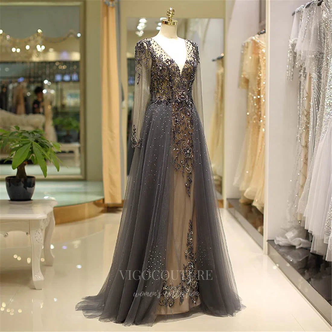 Prom Dress 2025 Beaded Lace Applique Long Sleeve Prom Dress 20291-unique elegant Prom Dresses-Grey-US2-vigocouture