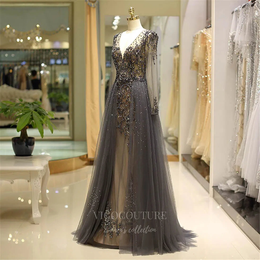 Prom Dress 2025 Beaded Lace Applique Long Sleeve Prom Dress 20291-unique elegant Prom Dresses-Grey-US2-vigocouture