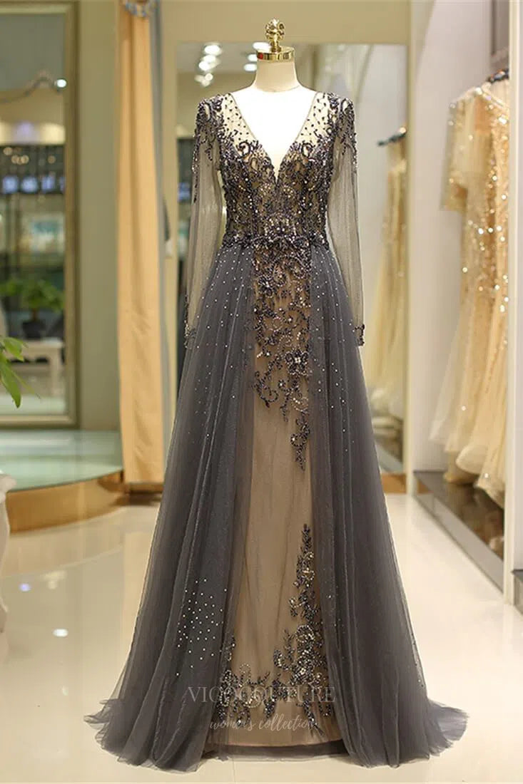 Prom Dress 2025 Beaded Lace Applique Long Sleeve Prom Dress 20291-unique elegant Prom Dresses-Grey-US2-vigocouture