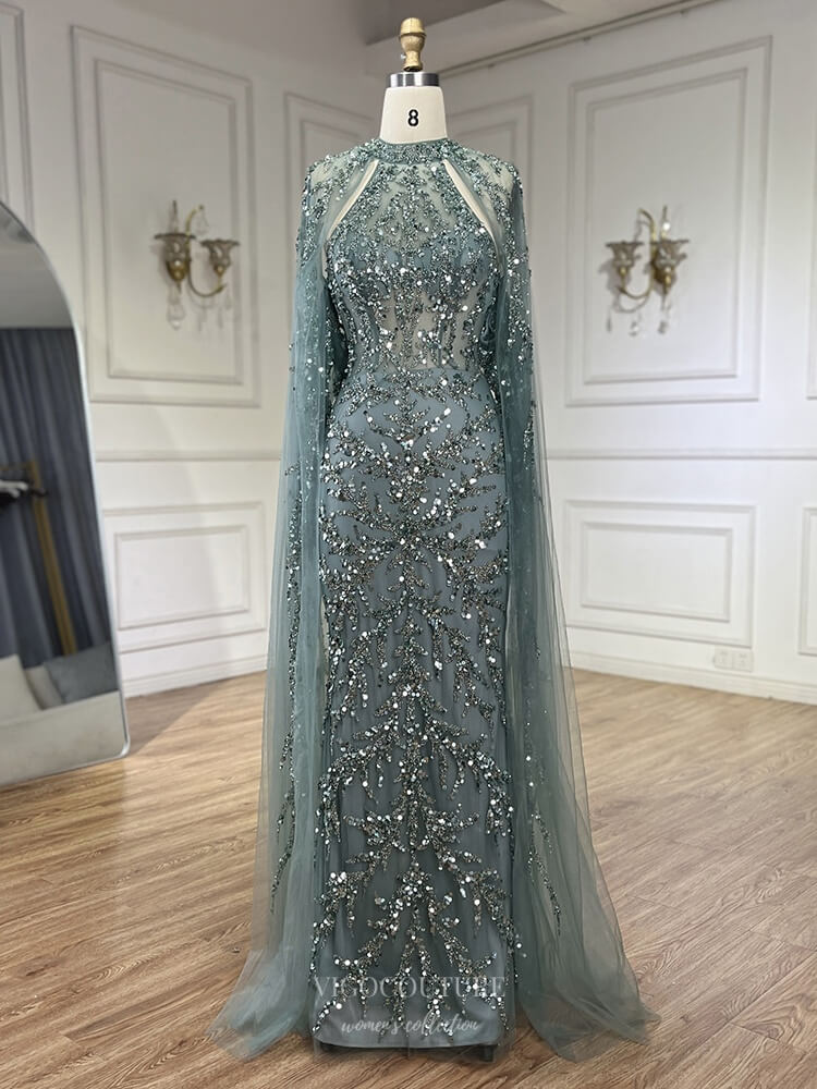 Prom Dress 2025 Beaded Lace Cape Sleeve Pageant Dresses Sheath Sparkly Mother of the Bride Dress 25023-unique elegant Prom Dresses-Green-US2-vigocouture