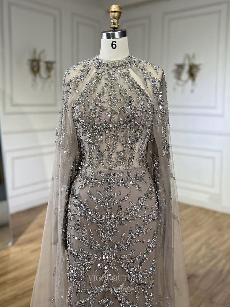 Prom Dress 2025 Beaded Lace Cape Sleeve Pageant Dresses Sheath Sparkly Mother of the Bride Dress 25023-unique elegant Prom Dresses-Khaki-US2-vigocouture