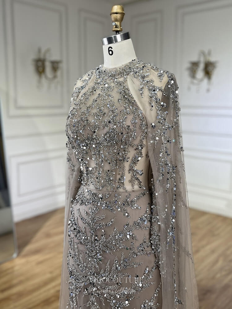 Prom Dress 2025 Beaded Lace Cape Sleeve Pageant Dresses Sheath Sparkly Mother of the Bride Dress 25023-unique elegant Prom Dresses-Khaki-US2-vigocouture