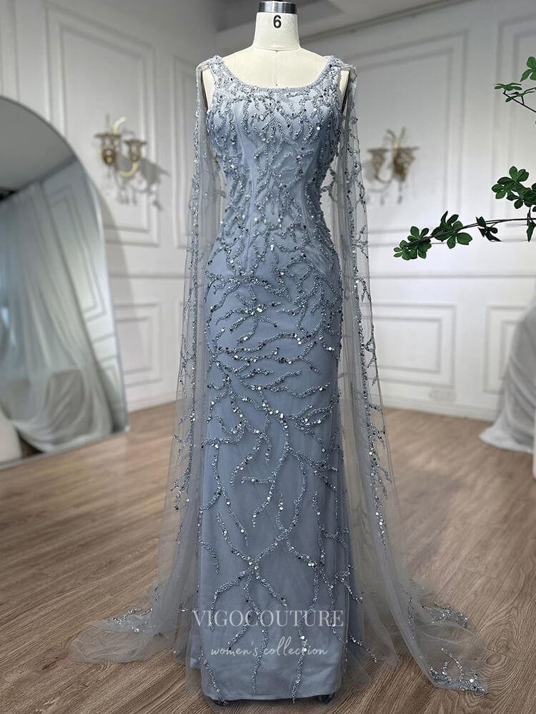 Prom Dress 2025 Beaded Lace Cape Sleeve Prom Dresses Sheath Boat Neck Pageant Dress 24513-unique elegant Prom Dresses-Dusty Blue-US2-vigocouture