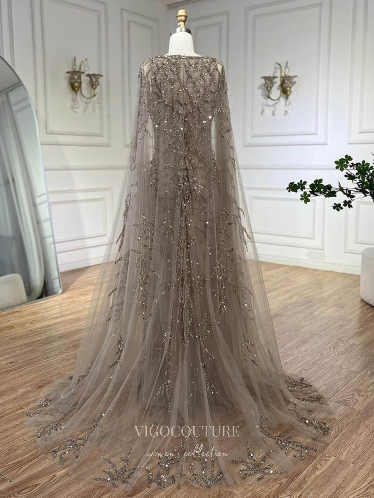 Prom Dress 2025 Beaded Lace Cape Sleeve Prom Dresses Sheath Boat Neck Pageant Dress 24513-unique elegant Prom Dresses-Khaki-US2-vigocouture