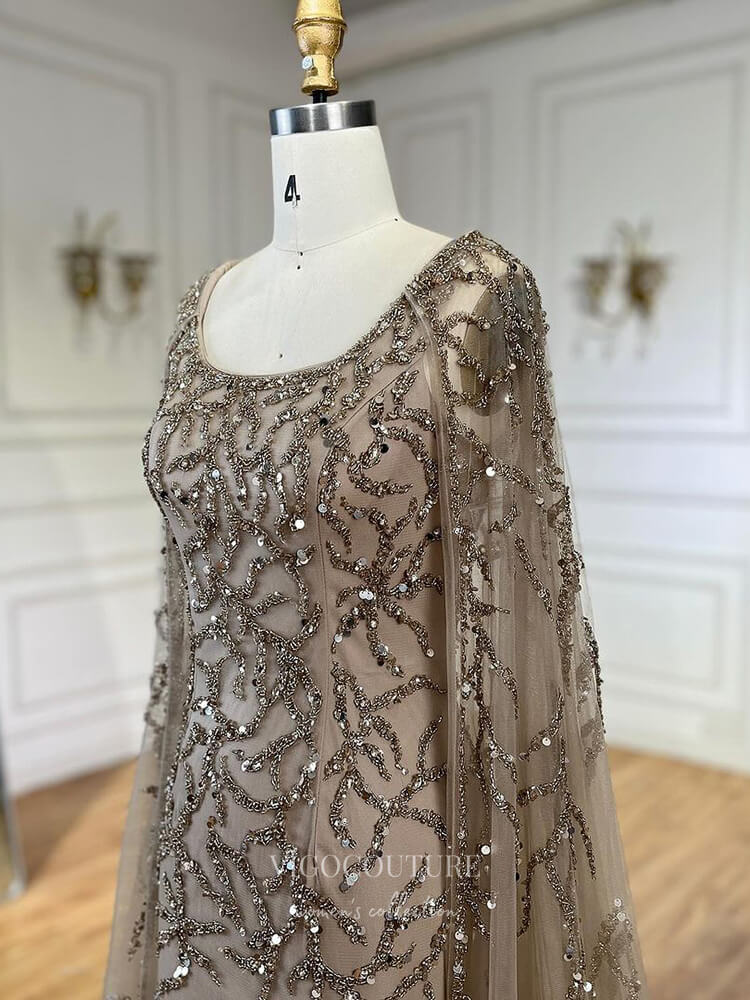 Prom Dress 2025 Beaded Lace Cape Sleeve Prom Dresses Sheath Boat Neck Pageant Dress 24513-unique elegant Prom Dresses-Khaki-US2-vigocouture