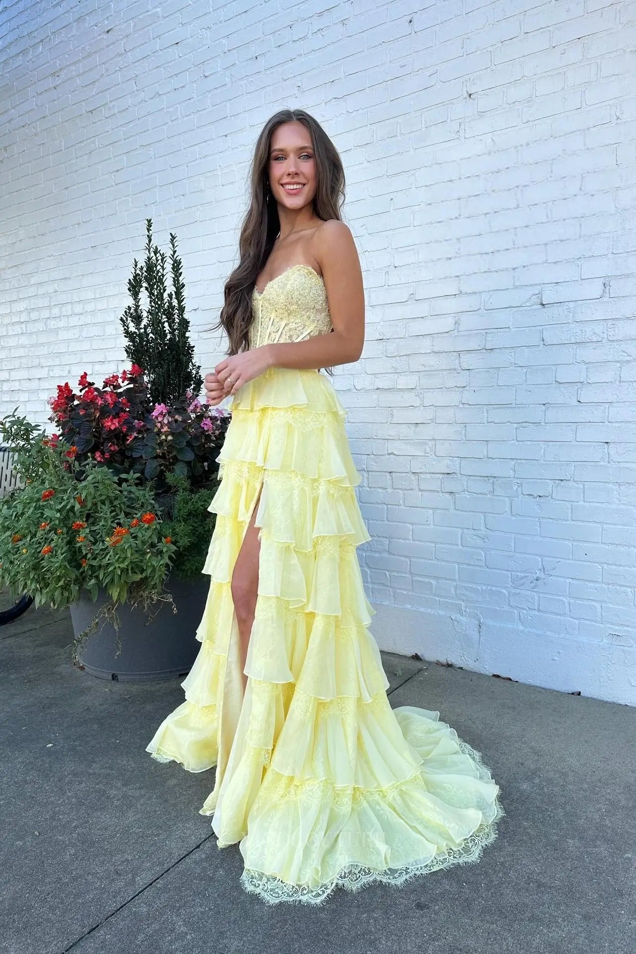 Prom Dresses 2025 to impress Beaded Lace Corset Prom Dress with Tiered Ruffle Skirt, Bow Waist & High Slit - 26172-vigocouture-vigocouture
